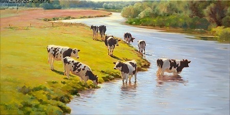 Jongvee bij de rivier - Geke Steenmetz